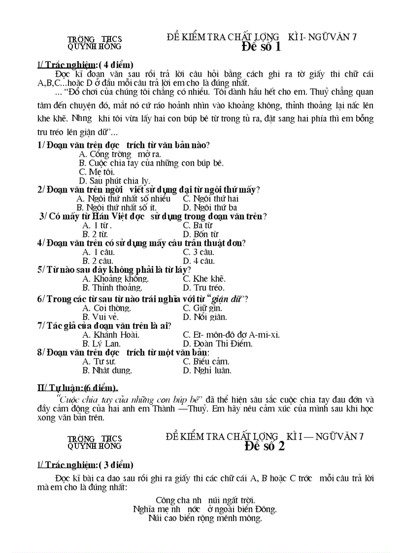 image for page Đề kiểm tra chất lượng Ngữ văn 7 HK I