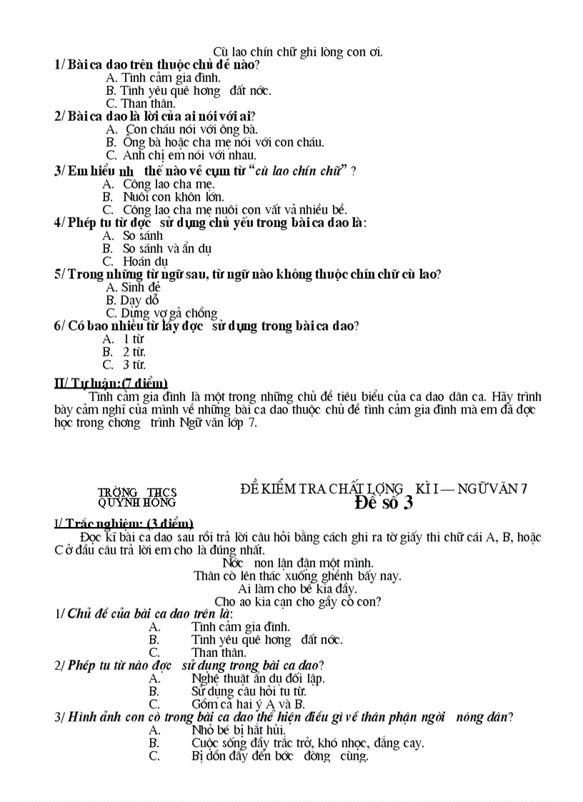 image for page Đề kiểm tra chất lượng Ngữ văn 7 HK I