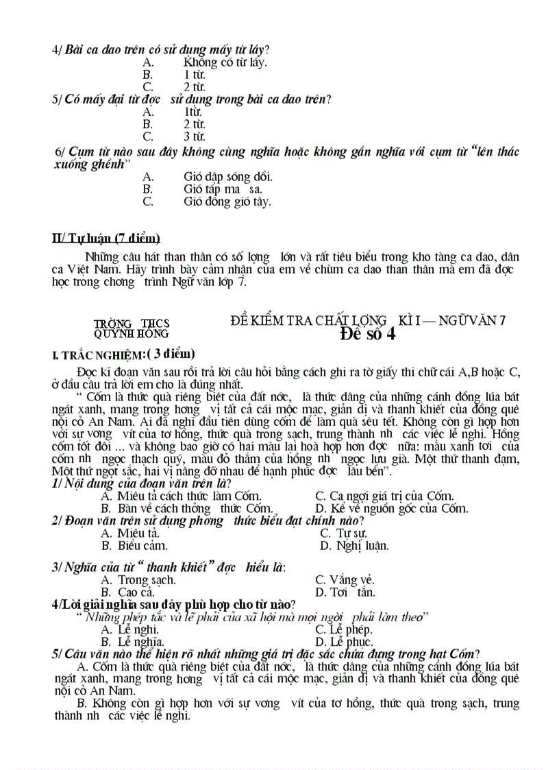 image for page Đề kiểm tra chất lượng Ngữ văn 7 HK I