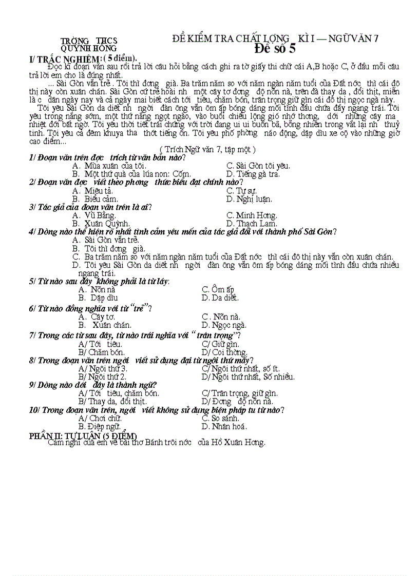 image for page Đề kiểm tra chất lượng Ngữ văn 7 HK I