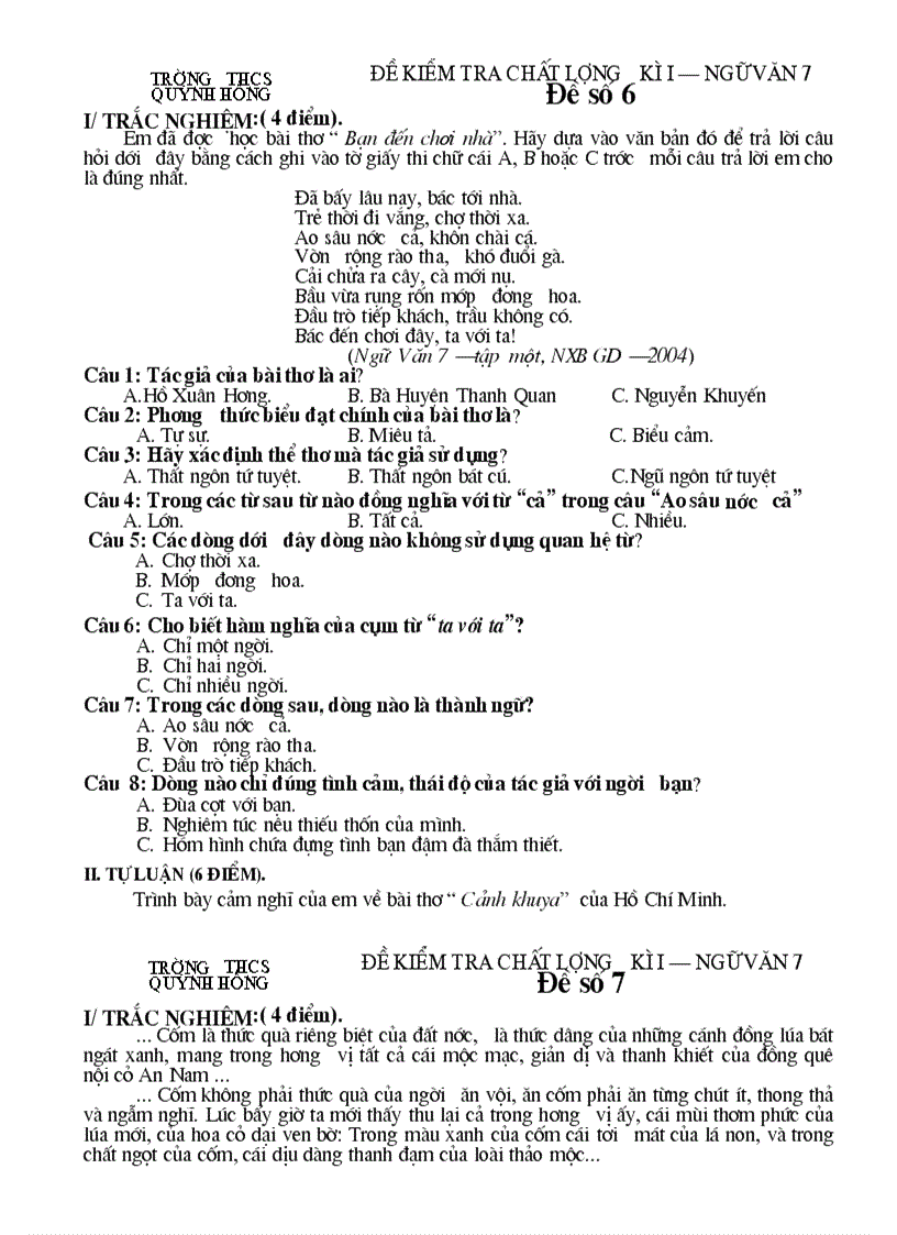 image for page Đề kiểm tra chất lượng Ngữ văn 7 HK I