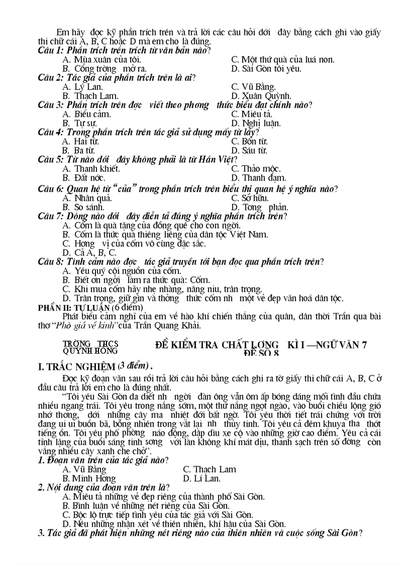 image for page Đề kiểm tra chất lượng Ngữ văn 7 HK I