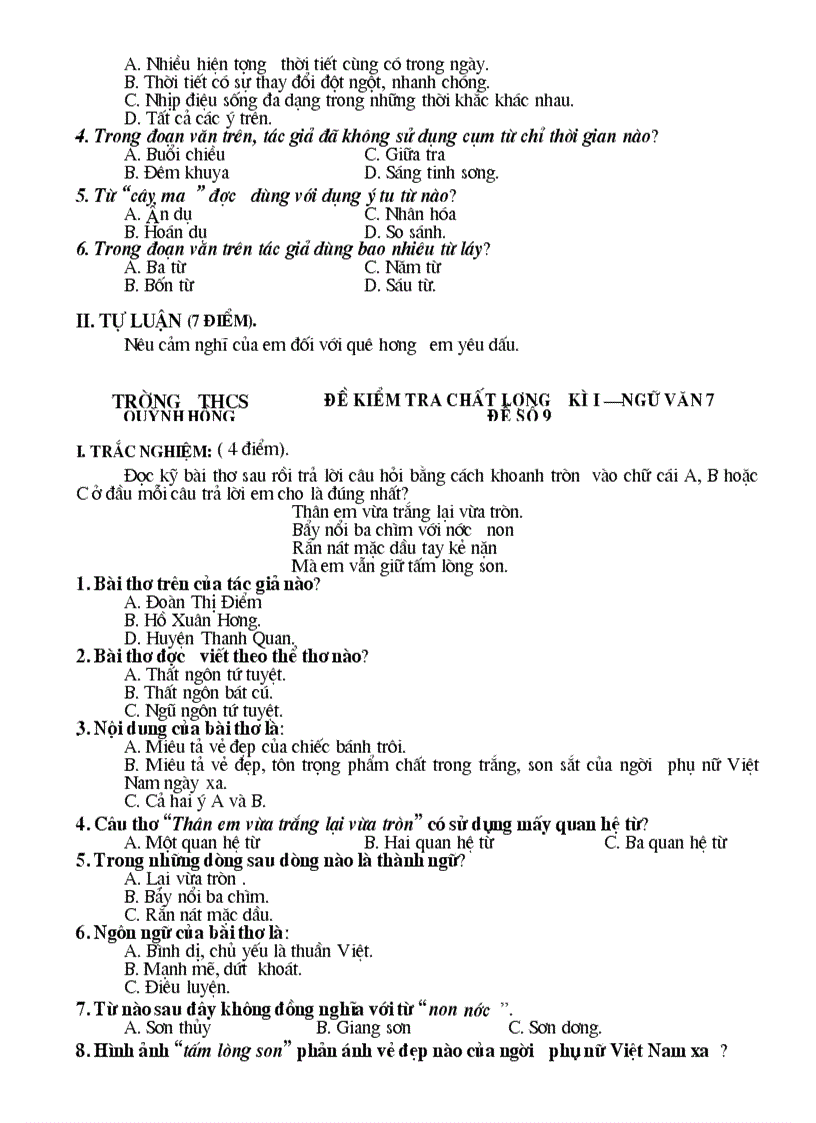 image for page Đề kiểm tra chất lượng Ngữ văn 7 HK I