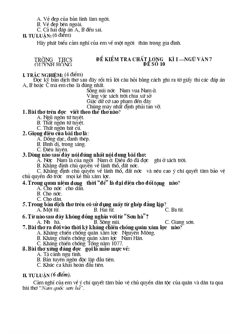 image for page Đề kiểm tra chất lượng Ngữ văn 7 HK I