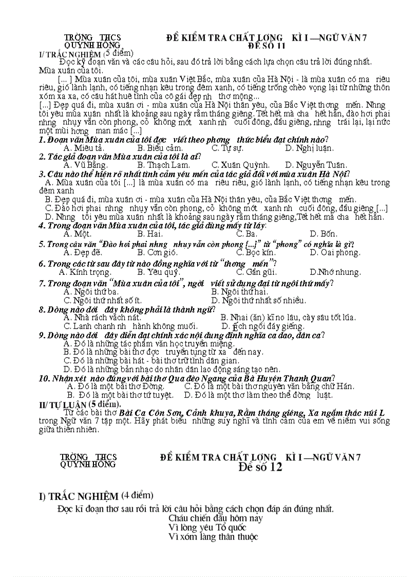 image for page Đề kiểm tra chất lượng Ngữ văn 7 HK I