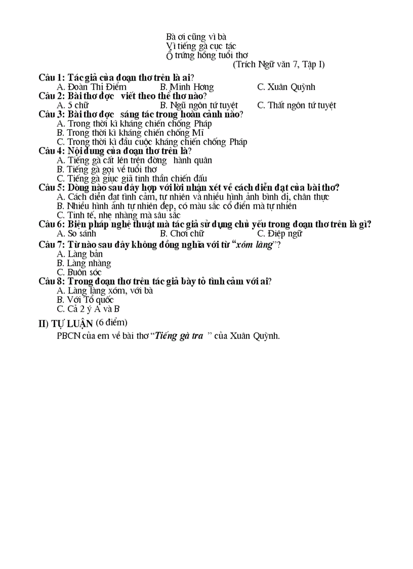 image for page Đề kiểm tra chất lượng Ngữ văn 7 HK I