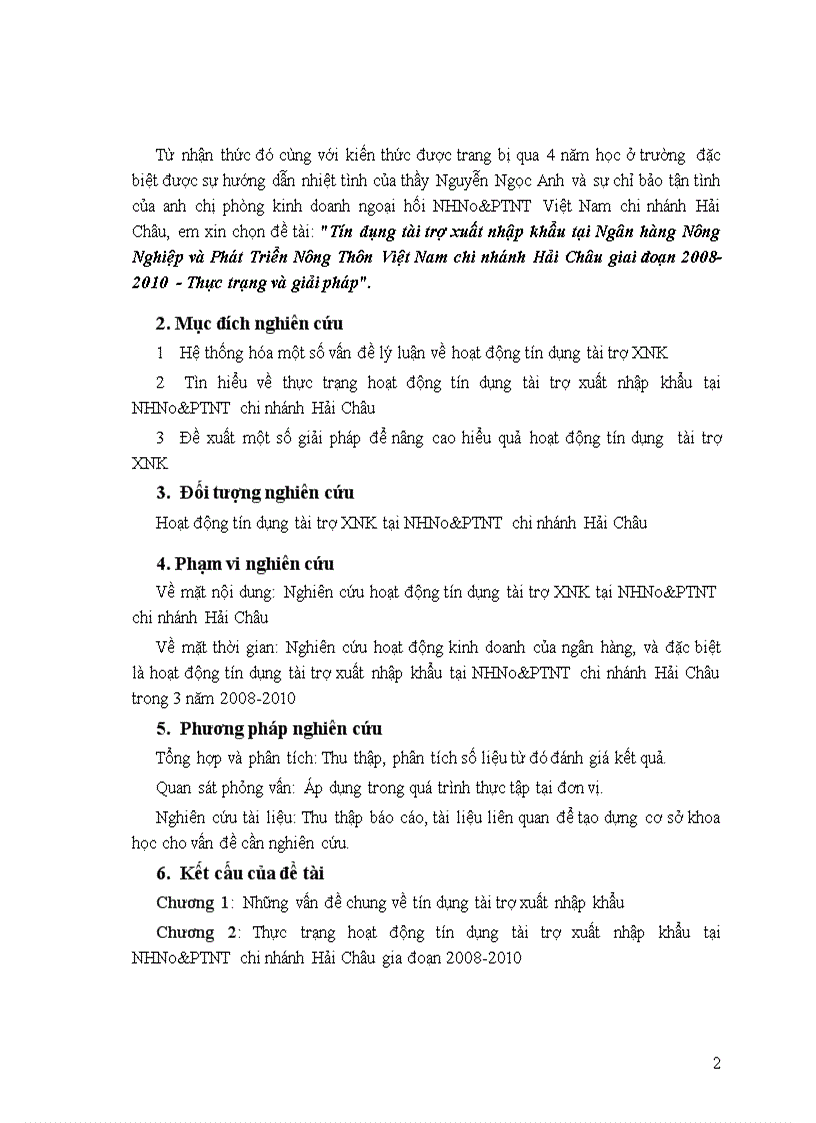 Tín dụng tài trợ xuất nhập khẩu tại Ngân hàng Nông Nghiệp và Phát Triển Nông Thôn Việt Nam chi nhánh Hải Châu ĐÀ NẴNG giai đoạn 2008 2010 Thực trạng và giải pháp