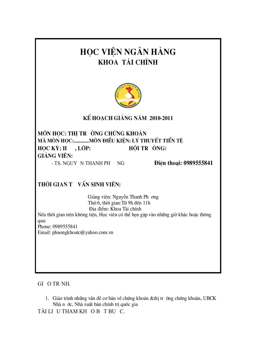 image for page Kế hoạch giảng dạy môn thị trường chứng khoán