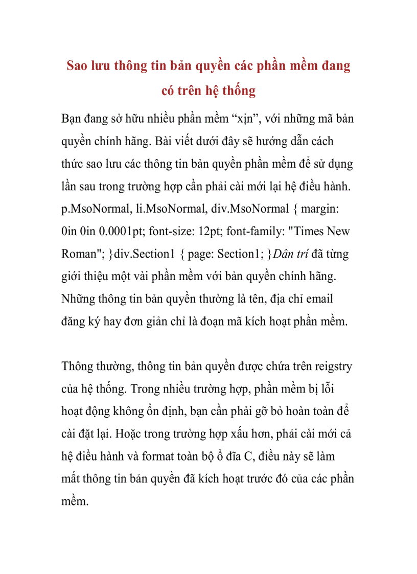 image for page Sao lưu thông tin bản quyền các phần mềm đang có trên hệ thống
