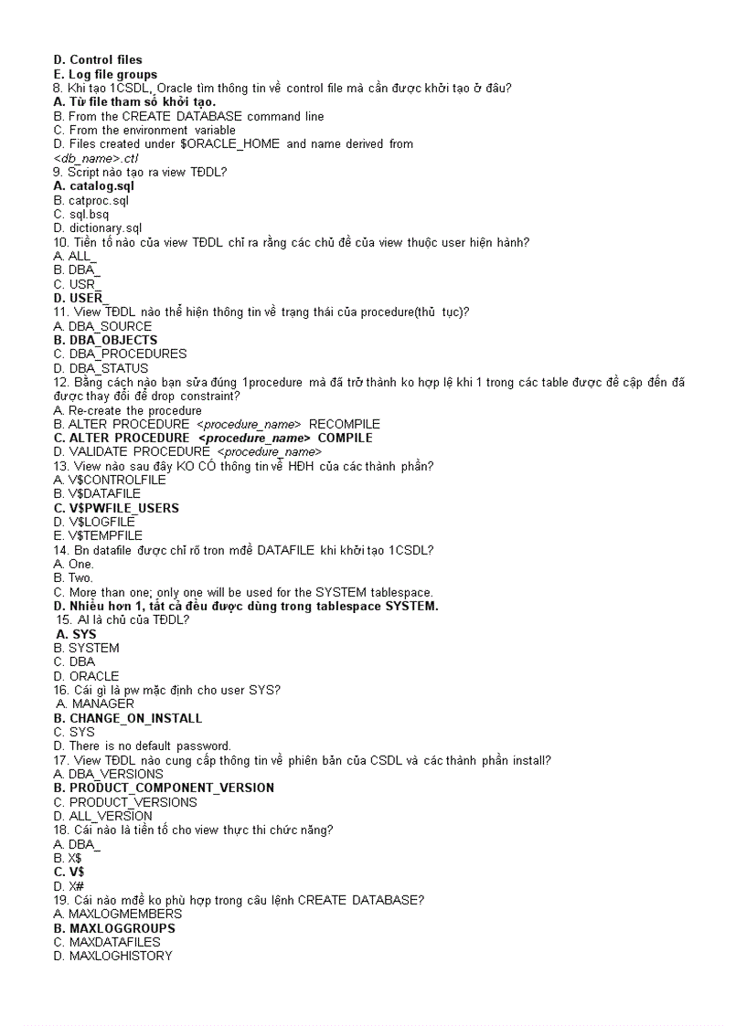 image for page Trắc nghiệm môn Hệ Quản Trị Cơ Sở Dữ Liệu Oracle