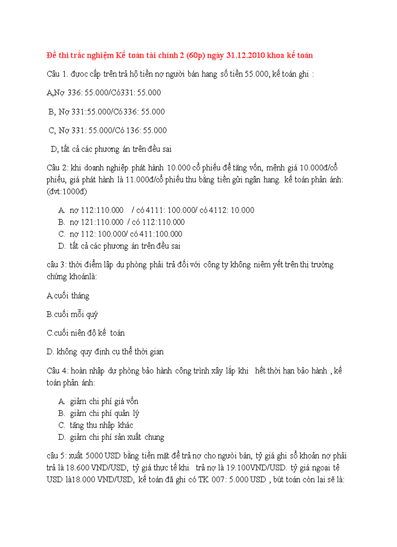 image for page Đề thi trắc nghệm kế toán tài chính 2 khoa kế toán ngày 31 12 2010