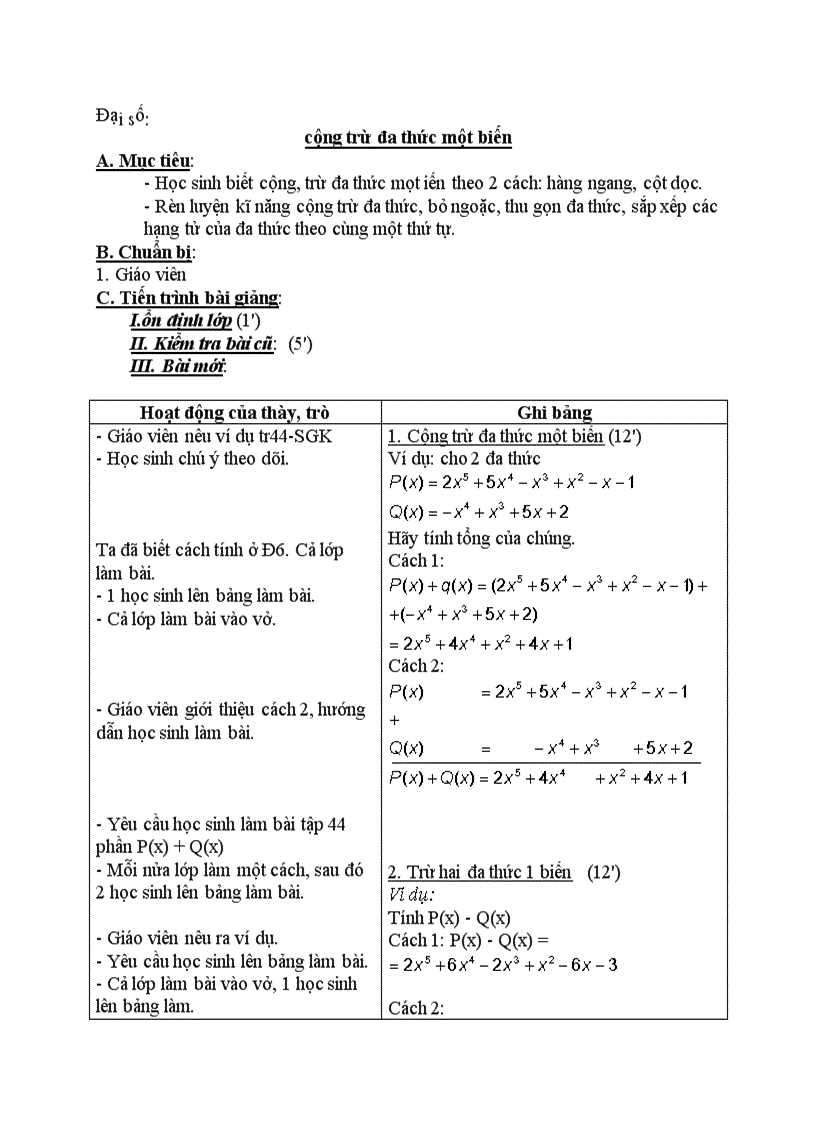 image for page Đại số Cộng trừ đa thức một biến