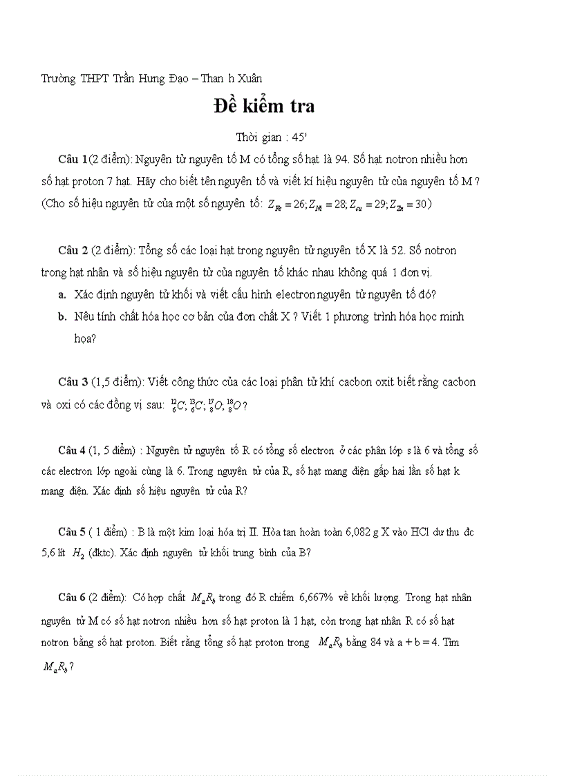 image for page Đề thi kiểm tra 45 Hóa học THPT Trần Hưng Đạo Hà Nội