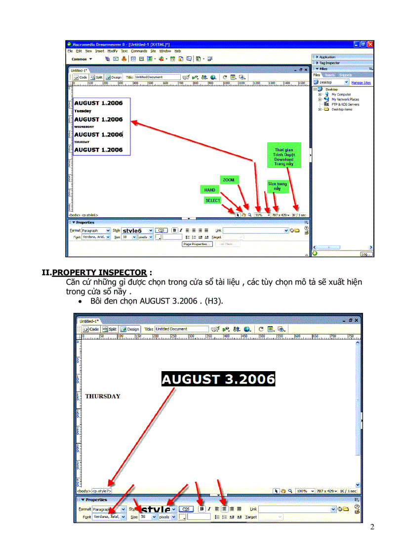 image for page Dreamweaver 8 status bar property inspector panel
