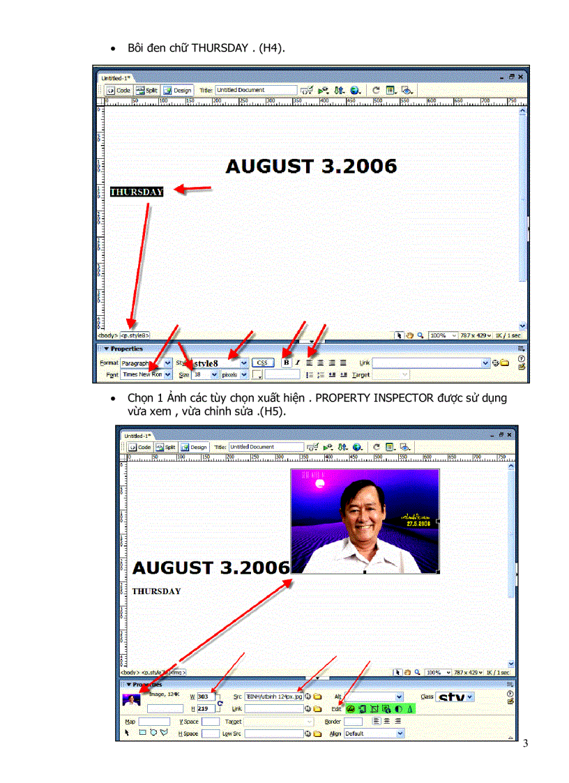 image for page Dreamweaver 8 status bar property inspector panel