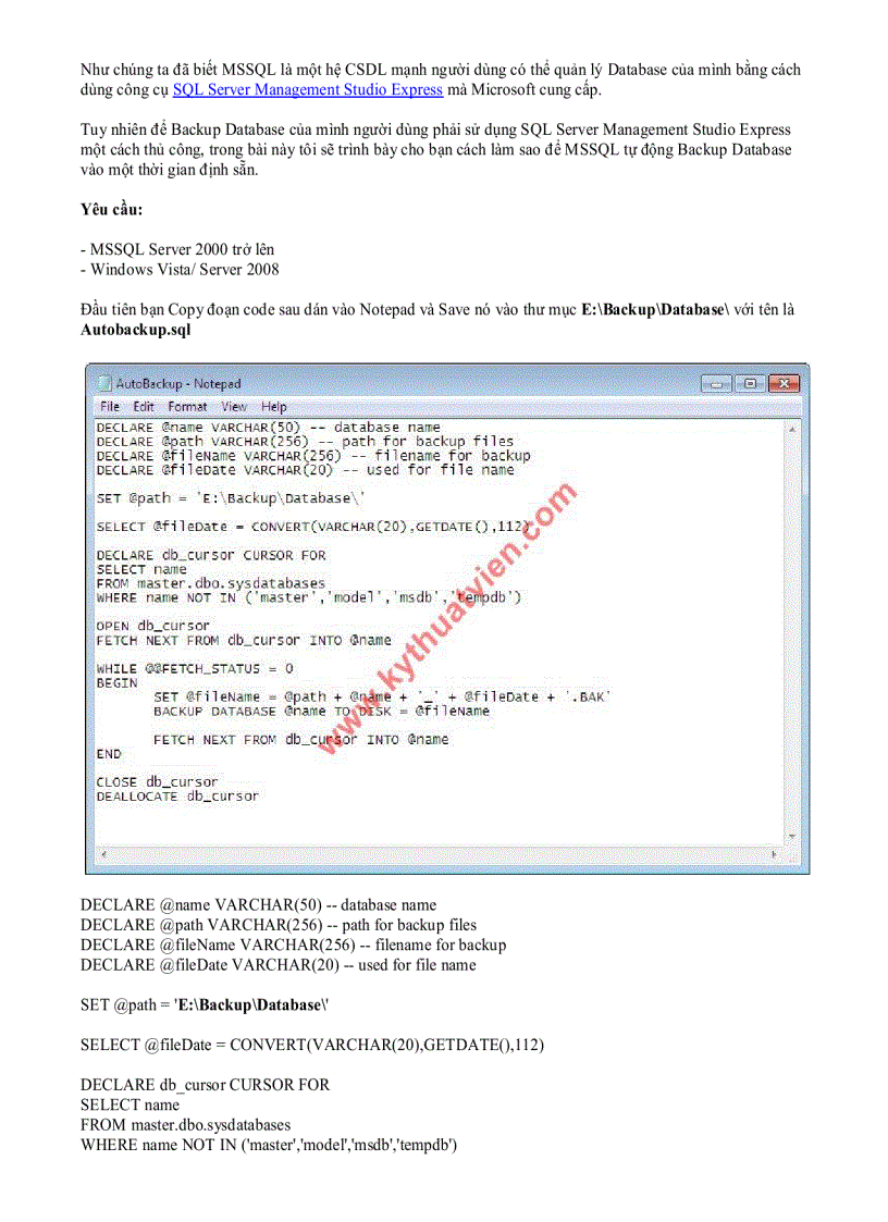 image for page Scheduler Auto Backup MS SQL Server Database Tự động sao lưu CSDL MS SQL Sever định kỳ