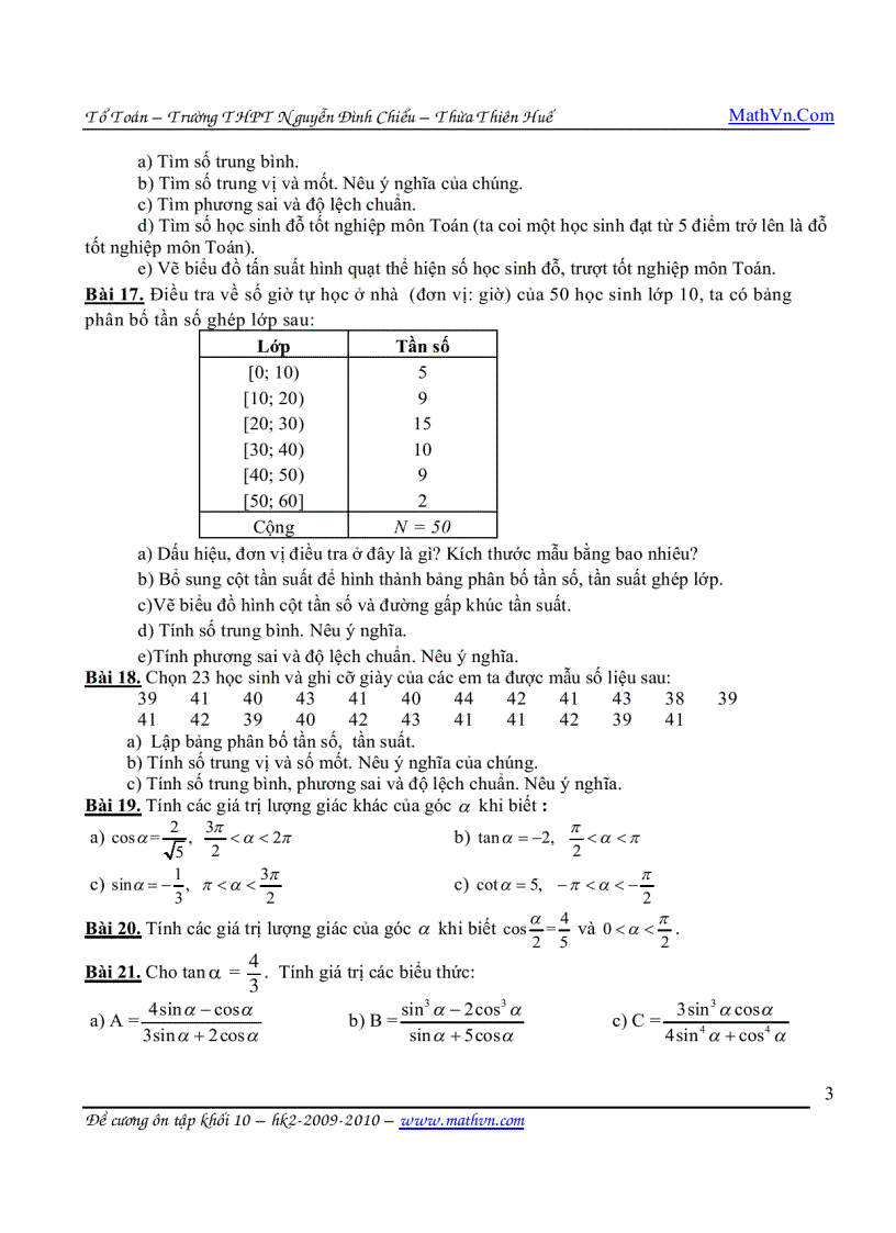 image for page Ôn tập HK2 môn Toán 10 THPT Nguyễn Đình Chiểu tỉnh Thừa Thiên Huế 2009 2010