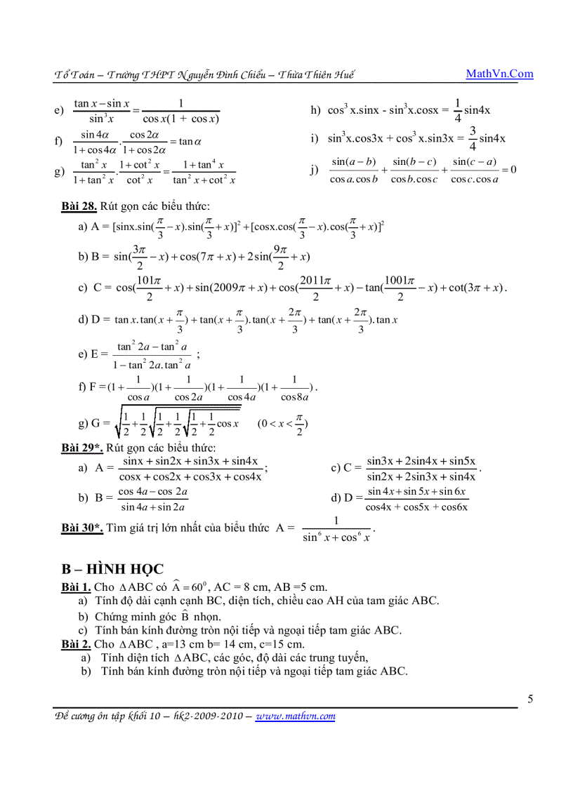 image for page Ôn tập HK2 môn Toán 10 THPT Nguyễn Đình Chiểu tỉnh Thừa Thiên Huế 2009 2010