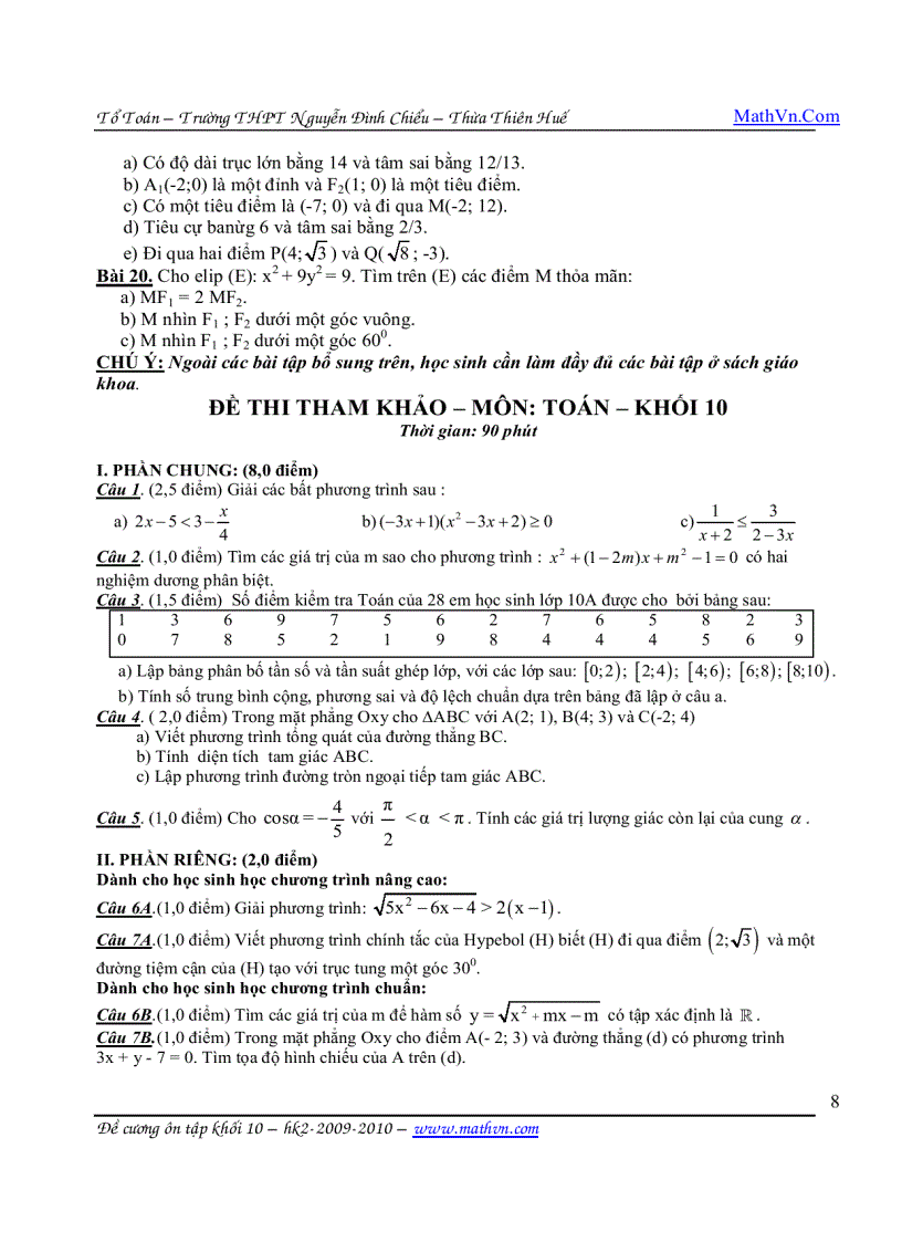 image for page Ôn tập HK2 môn Toán 10 THPT Nguyễn Đình Chiểu tỉnh Thừa Thiên Huế 2009 2010