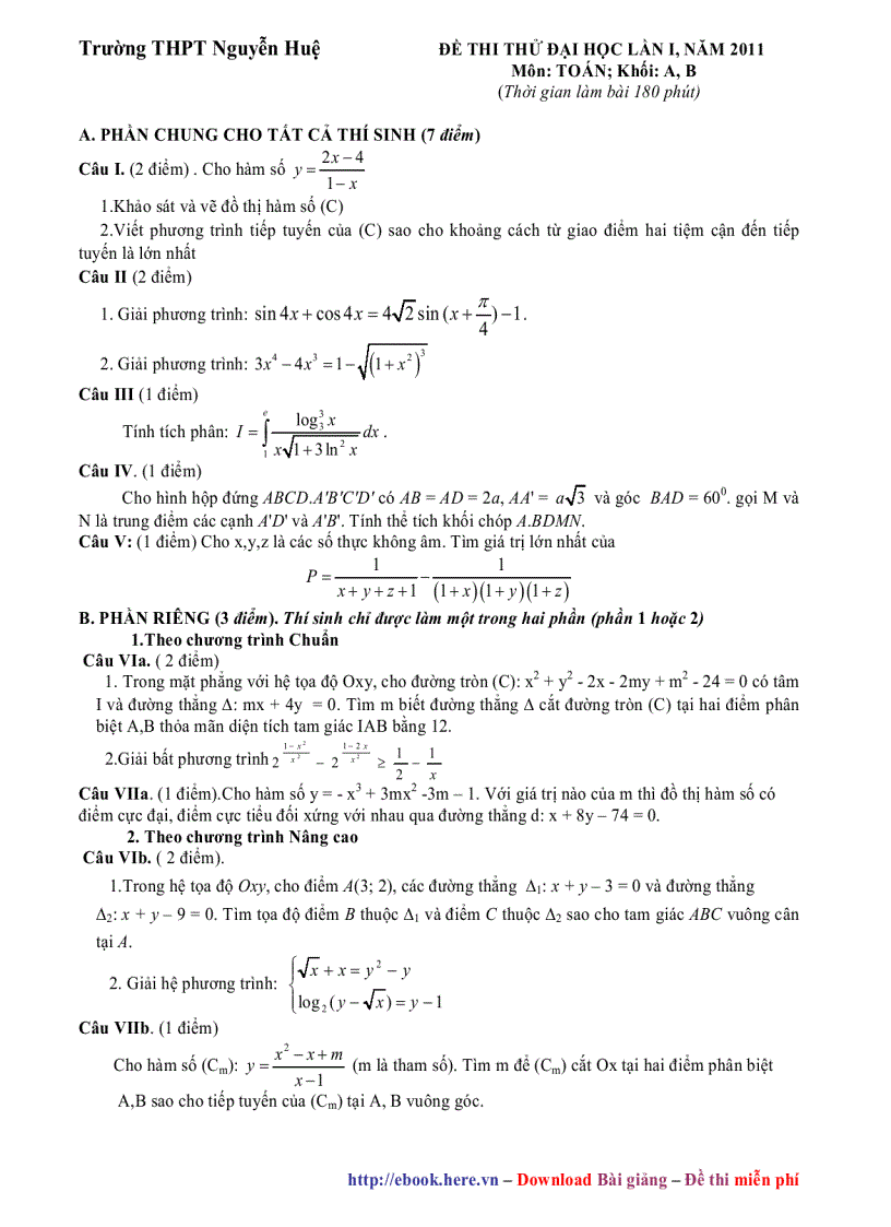 image for page Đề thi thử ĐH khối A B lần 1 trường THPT Nguyễn Huệ Hà Nội
