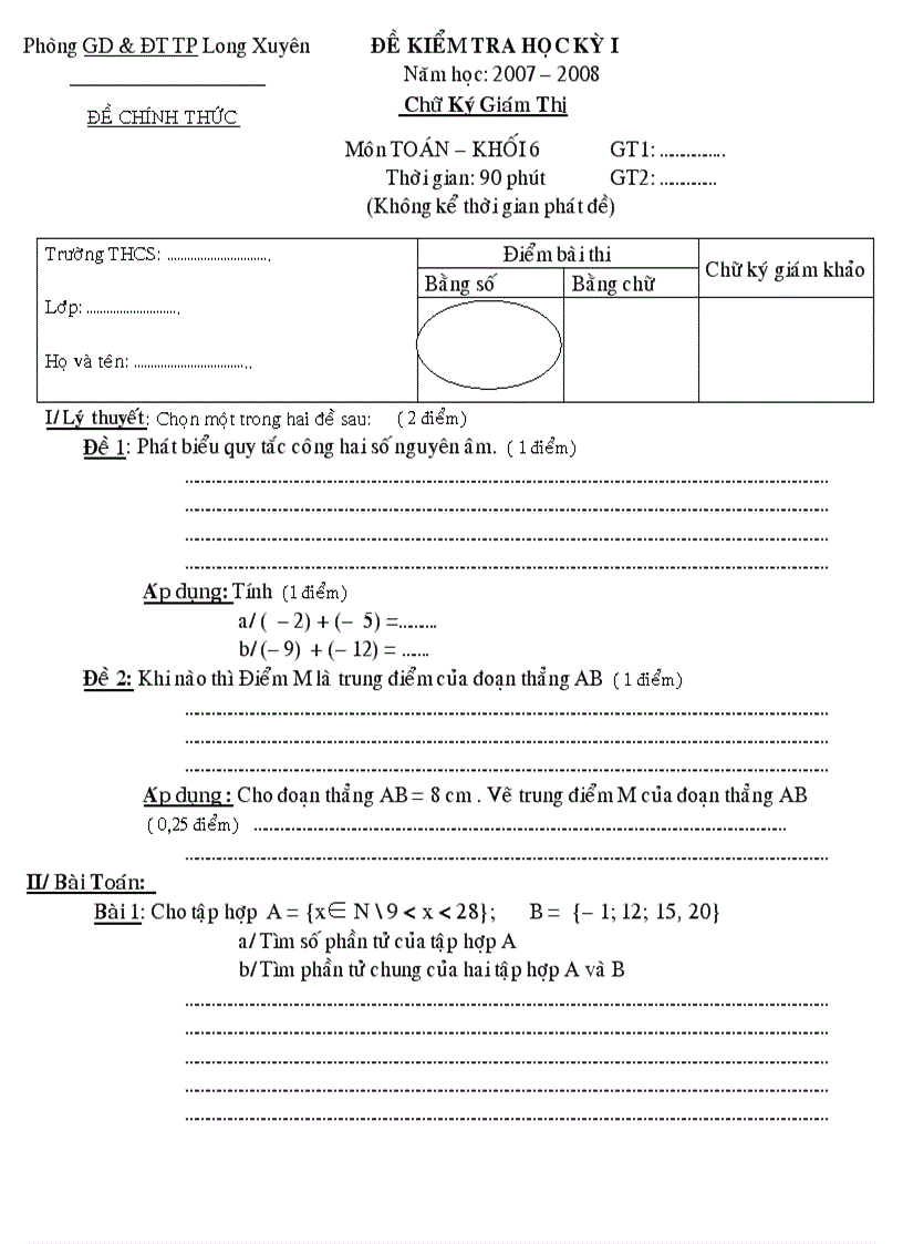 Đề thi Toán học HK1 lớp 6 Phòng GD ĐT TP Long Xuyên 2008