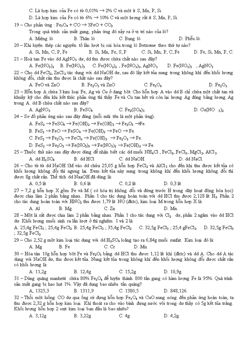 Trắc nghiệm hóa vô cơ Fe Cu Cr