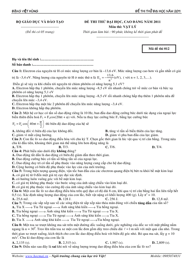 image for page Đề thi thử môn vật lý Đại học 2011 Hocmai vn đề 12