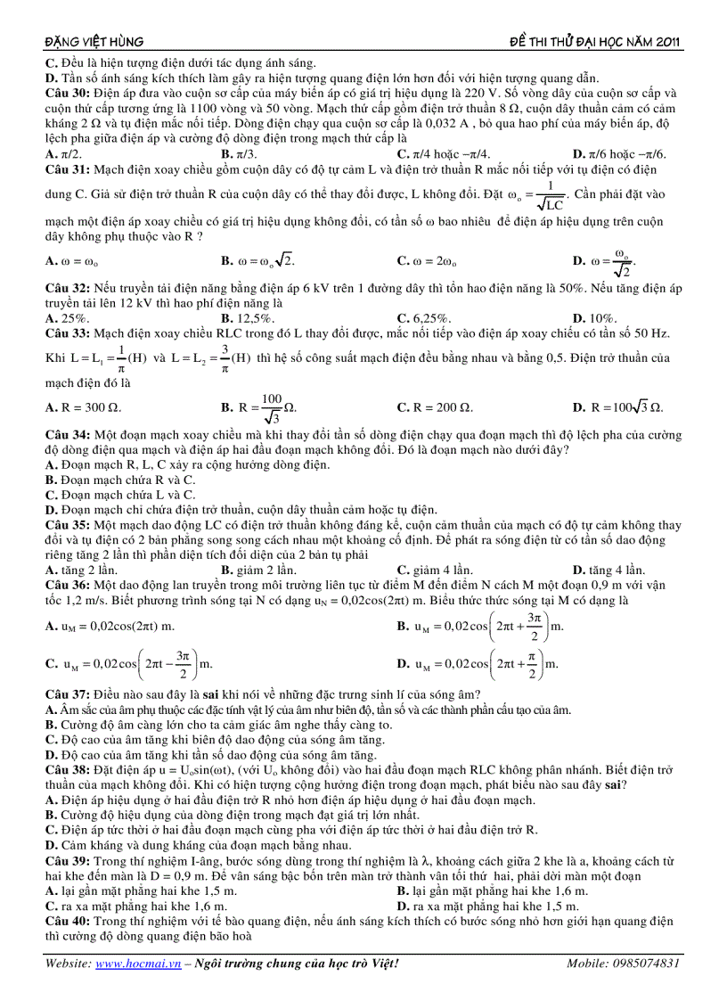 image for page Đề thi thử môn vật lý Đại học 2011 Hocmai vn đề 12