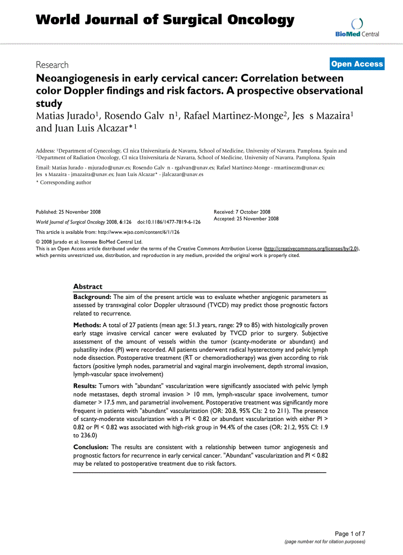 image for page Neoangiogenesis in early cervical cancer Correlation between color Doppler findings and risk factors A prospective observational study