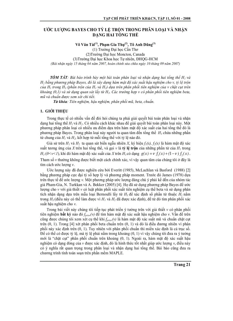 image for page Báo cáo nghiên cứu khoa học ƯỚC LƯỢNG BAYES CHO TỶ LỆ TRỘN TRONG PHÂN LOẠI VÀ NHẬN DẠNG HAI TỔNG THỂ