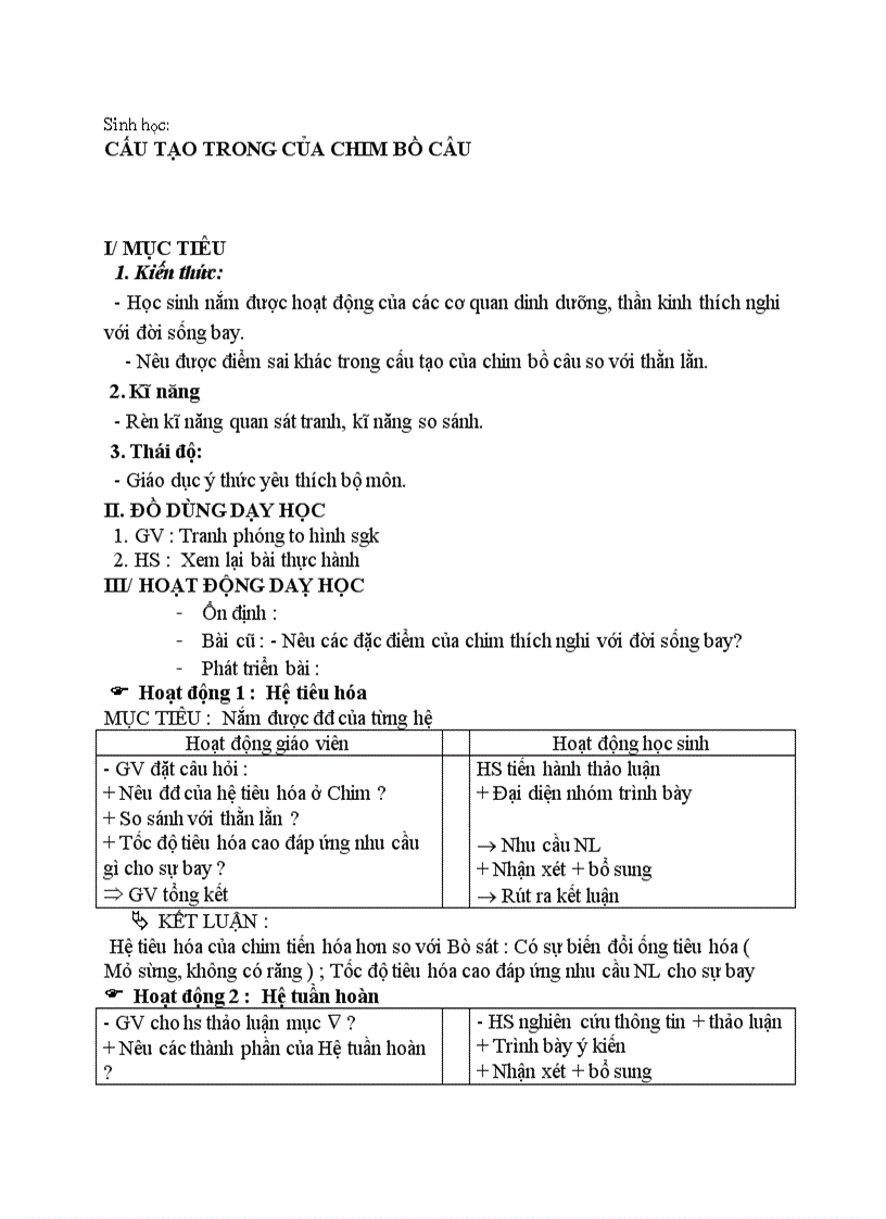 image for page Sinh học CẤU TẠO TRONG CỦA CHIM BỒ CÂU