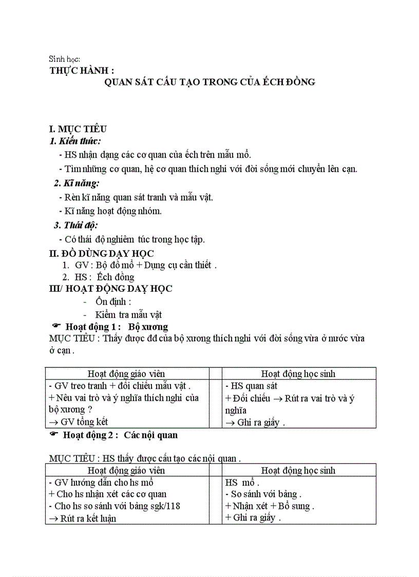 image for page Sinh học THỰC HÀNH QUAN SÁT CẤU TẠO TRONG CỦA ẾCH ĐỒNG
