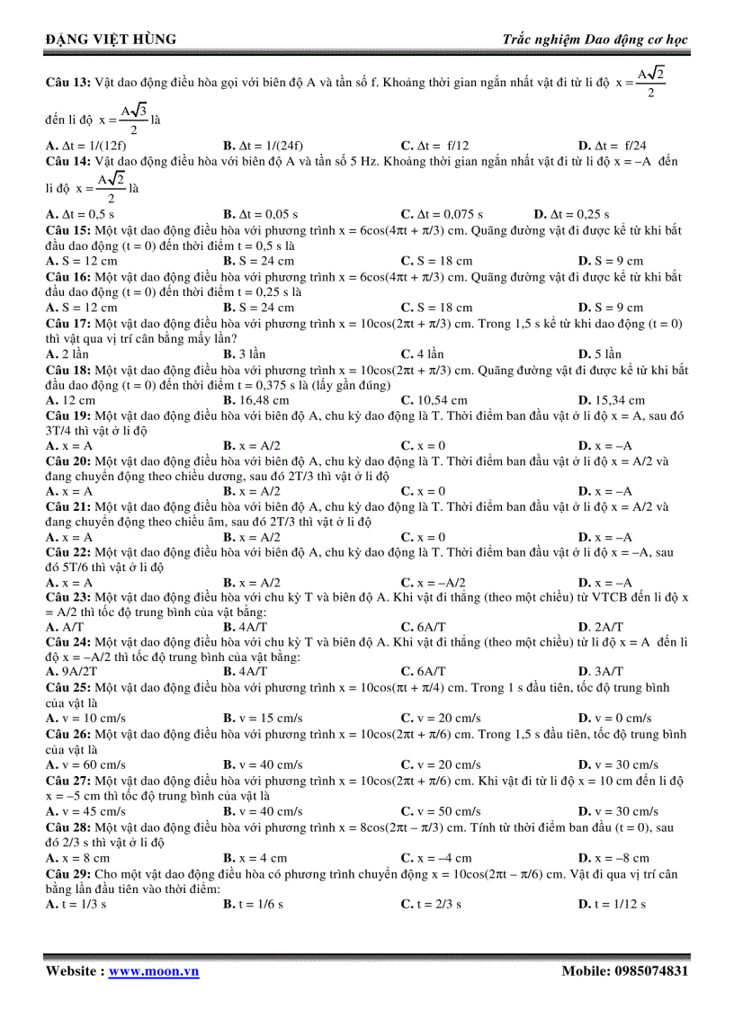 image for page TRẮC NGHIỆM TỔNG HƠP CÁC DẠNG TOÁN CƠ BẢN VỀ DAO ĐỘNG ĐIỀU HOÀ Đặng Việt Hùng