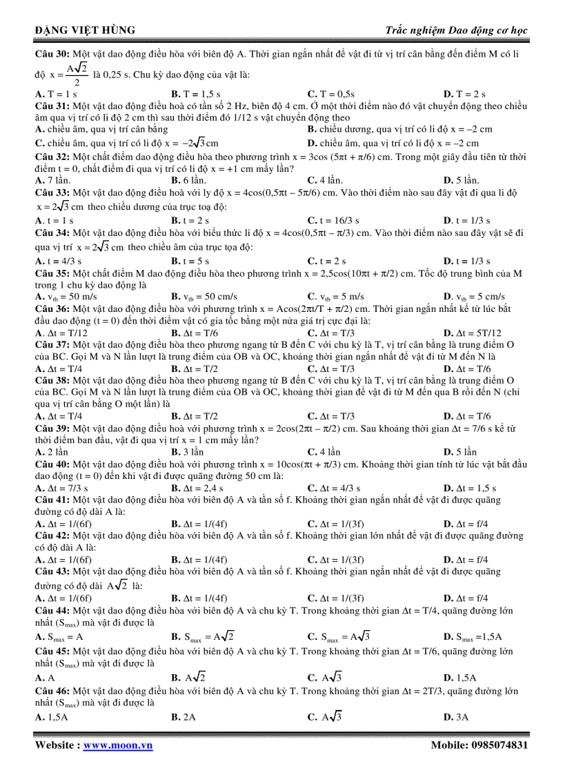 image for page TRẮC NGHIỆM TỔNG HƠP CÁC DẠNG TOÁN CƠ BẢN VỀ DAO ĐỘNG ĐIỀU HOÀ Đặng Việt Hùng