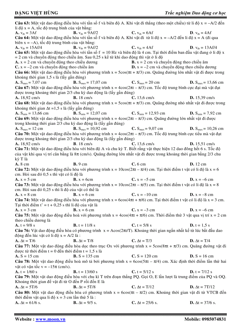 image for page TRẮC NGHIỆM TỔNG HƠP CÁC DẠNG TOÁN CƠ BẢN VỀ DAO ĐỘNG ĐIỀU HOÀ Đặng Việt Hùng