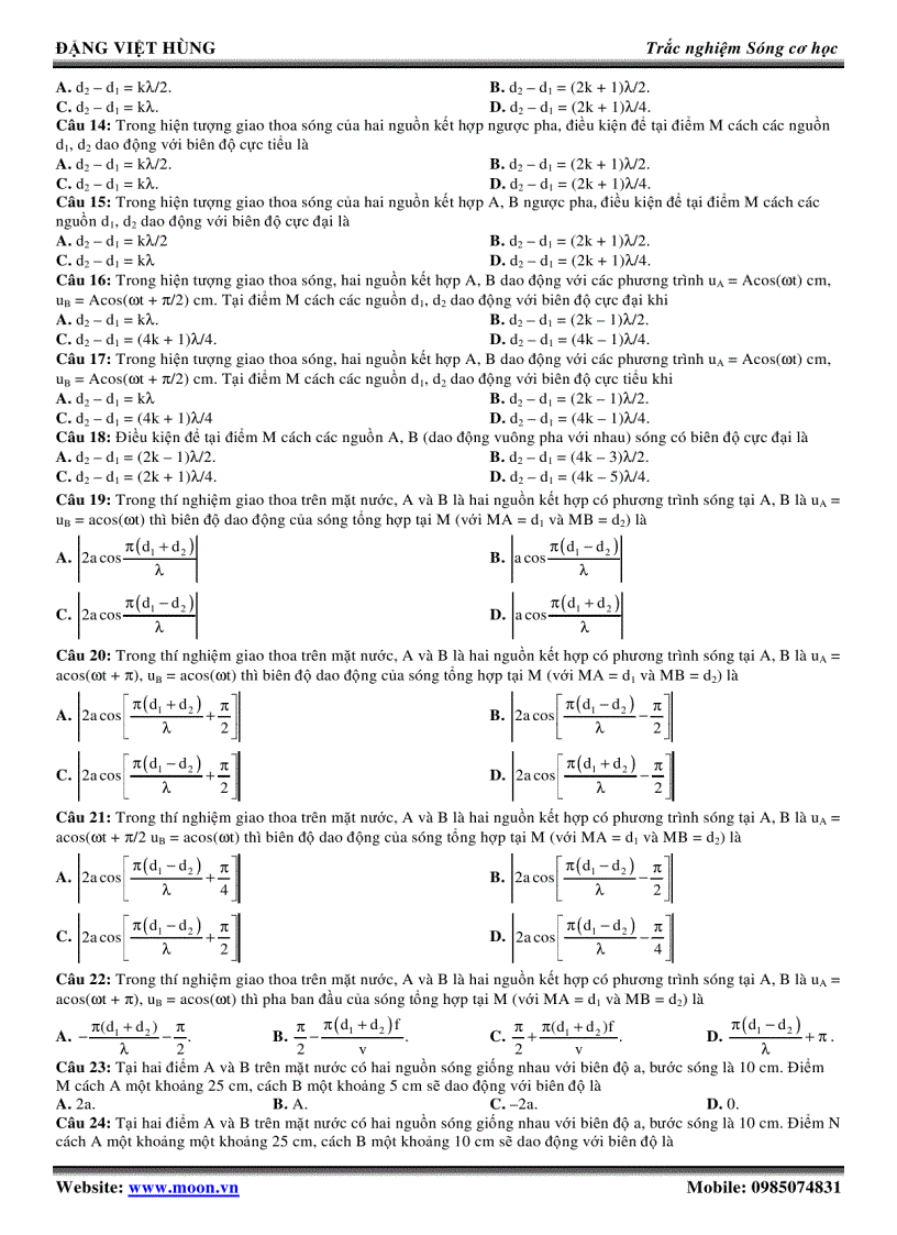 image for page TRẮC NGHIỆM TỔNG HƠP GIAO THOA SÓNG Đặng Việt Hùng