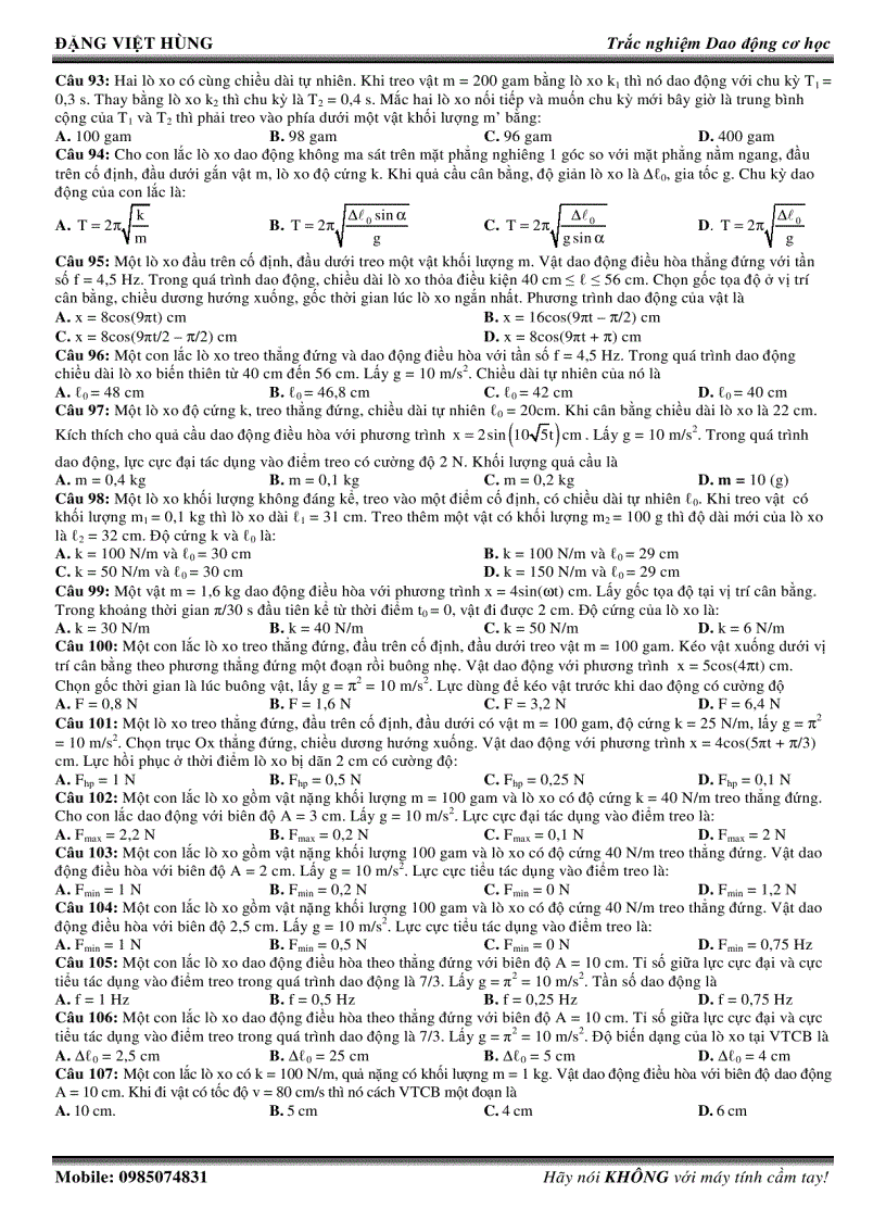image for page TRẮC NGHIỆM TỔNG HƠP CON LẮC LÒ XO Đặng Việt Hùng