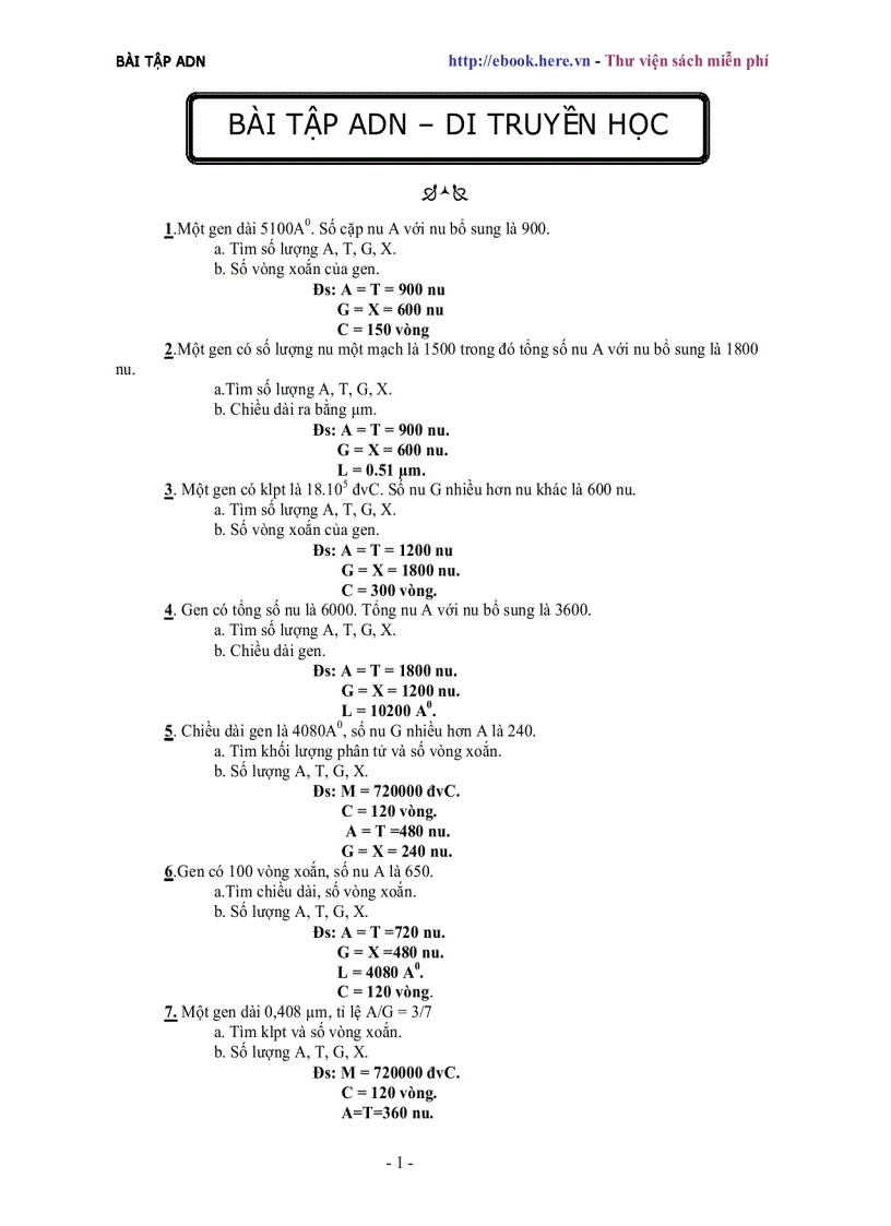 image for page Bài tập ADN Di truyền học SINH Có Đáp Án