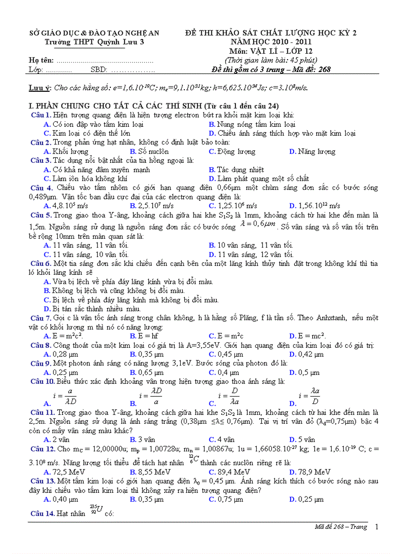 image for page THPT Quỳnh Lưu 3 NGHỆ AN ĐỀ THI KHẢO SÁT CHẤT LƯỢNG HỌC KỲ 2 2010 2011