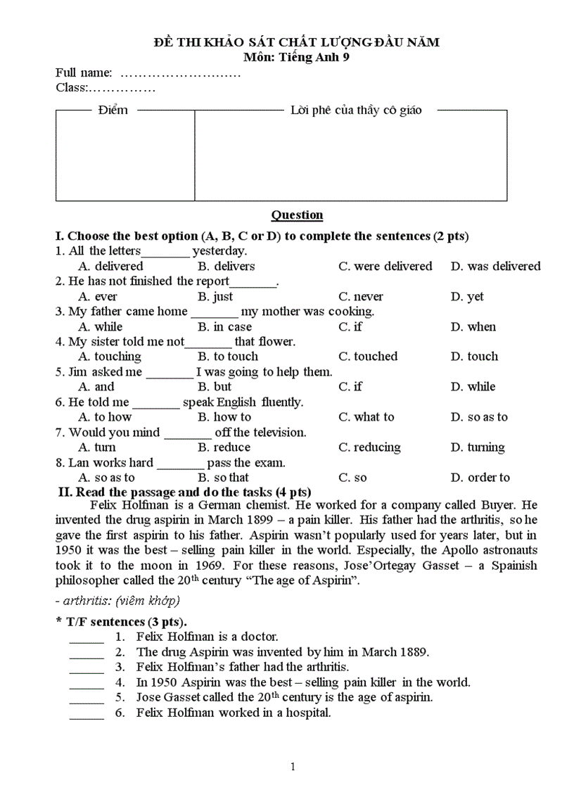 image for page Đề thi khảo sát tiếng anh lớp 9