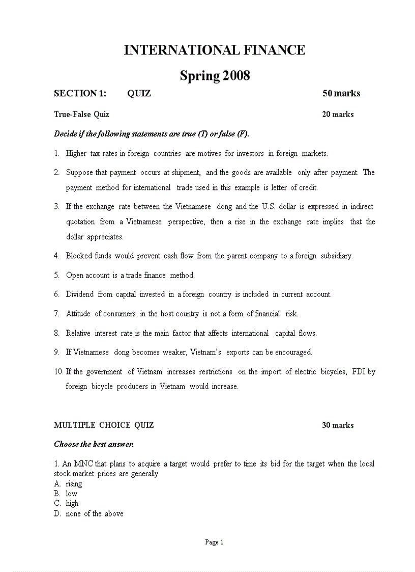 image for page International Finance Final exam HANU 2008