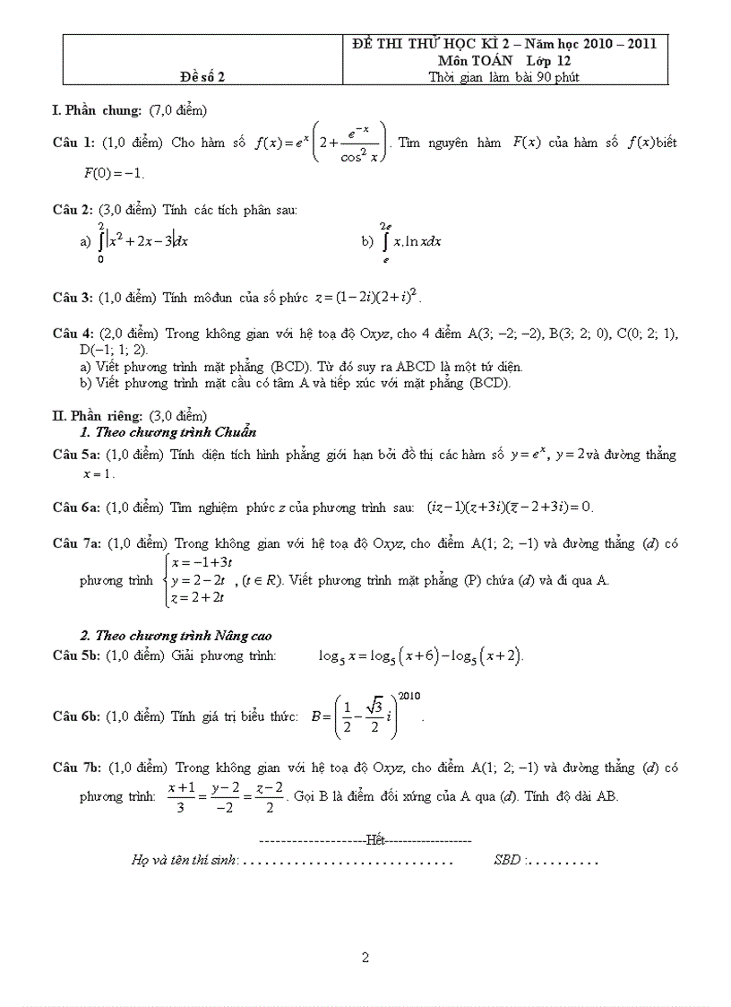 image for page 10 đề thi thử toán 12 học kỳ 2
