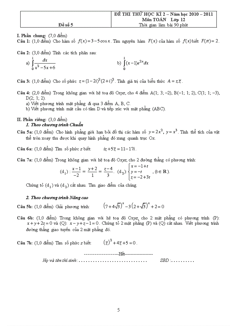 image for page 10 đề thi thử toán 12 học kỳ 2