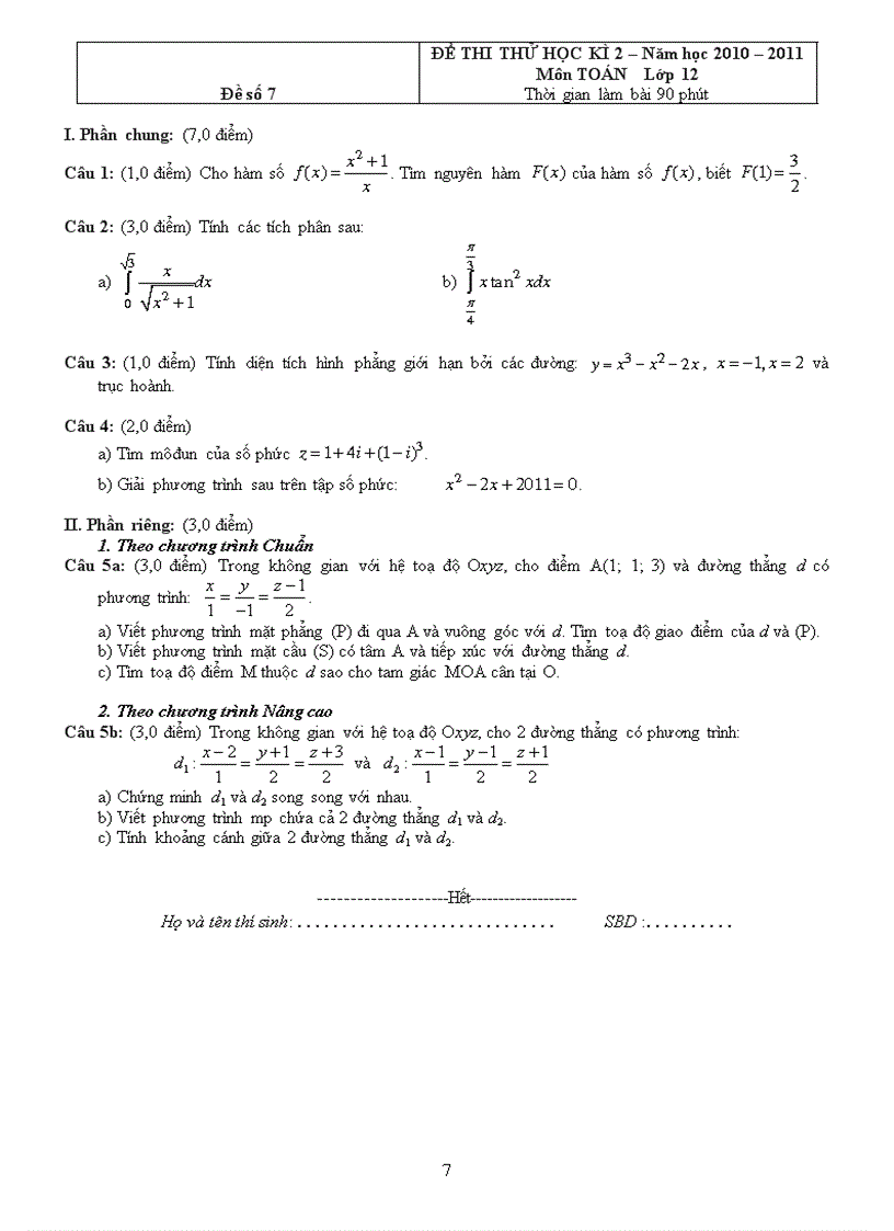 image for page 10 đề thi thử toán 12 học kỳ 2