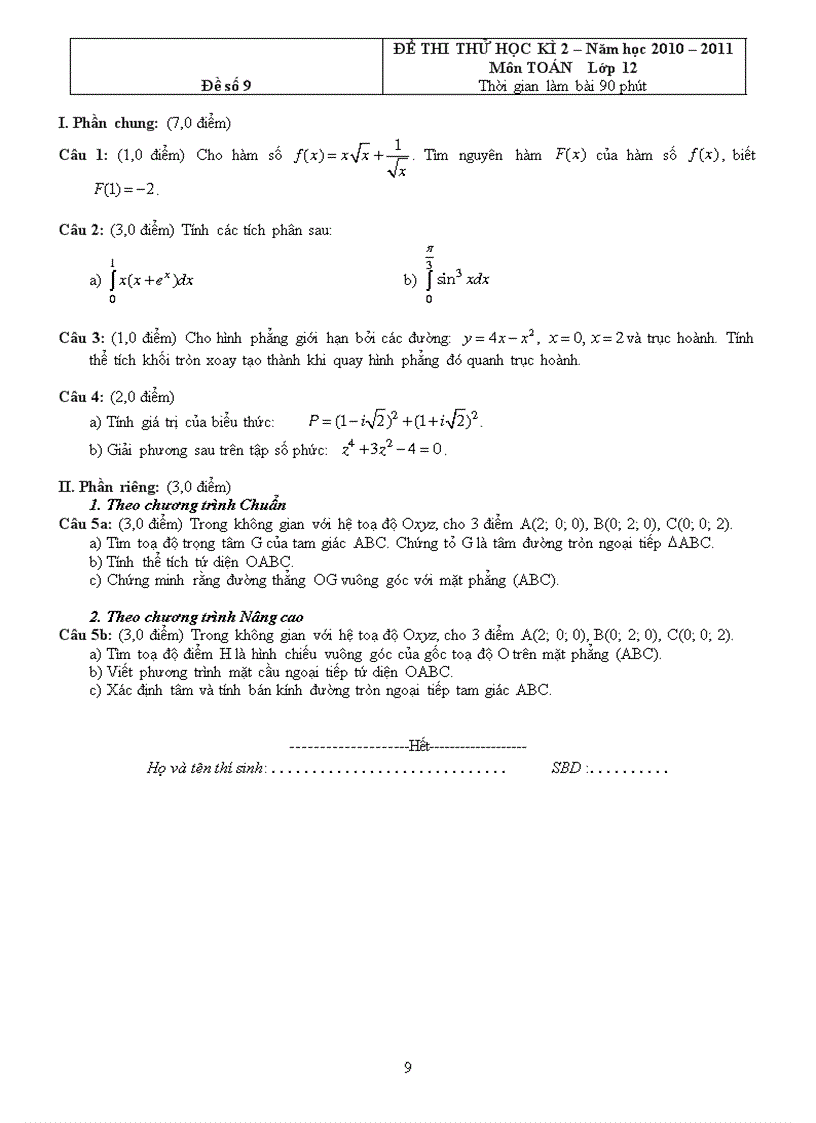 image for page 10 đề thi thử toán 12 học kỳ 2