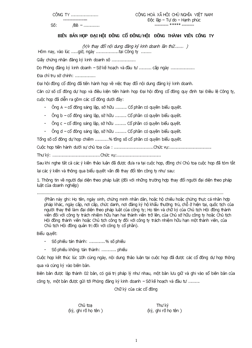 image for page Biên bản họp về việc thay đổi người đại diện theo pháp luật của doanh nghiệp