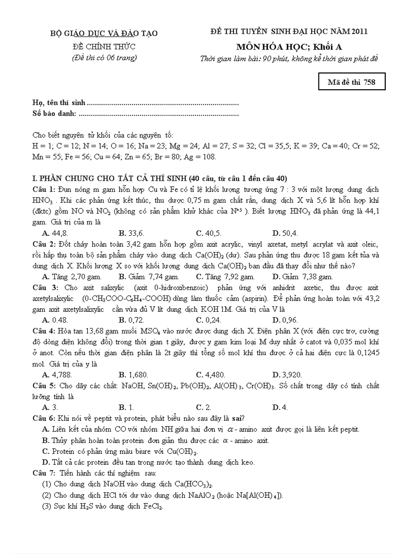 image for page Đề thi hóa Khối A 2011 Mã đề 758
