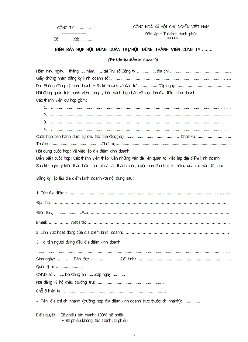 image for page Biên bản họp hội đồng quản trị về việc lập địa điểm kinh doanh