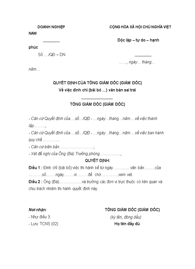 image for page QUYẾT ĐỊNH CỦA TỔNG GIÁM ĐỐC GIÁM ĐỐC Về việc đình chỉ bãi bỏ văn bản sai trái