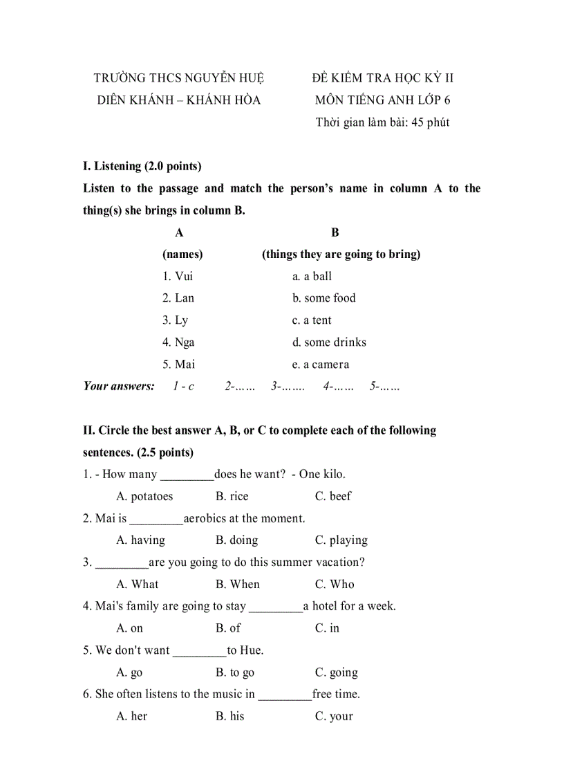 image for page Đề thi học kỳ II Tiếng Anh 6 đề số 5